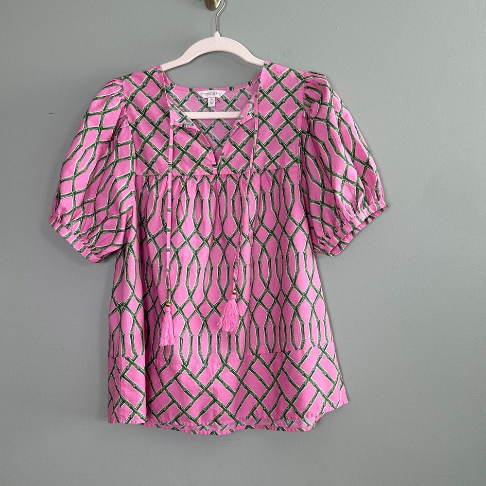 crown & ivy Pink Geometric Tassel Peasant Blouse